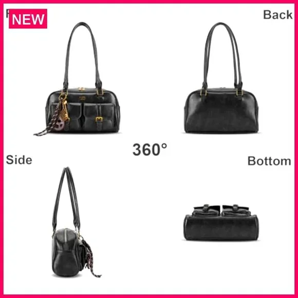 PU Leather Shoulder Bag Top Handle Multiple Pockets Retro Y2K Tote - Picture 4 of 8